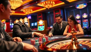 Players enjoying a thrilling game at the bk8thai casino table with vibrant chips and cards.