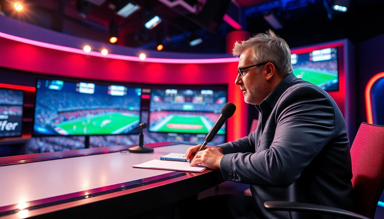 Sports Broadcasting analyst presenting live updates in a modern studio.