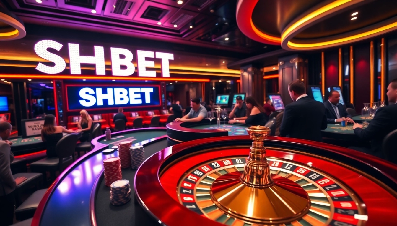 SHBET casino scene with poker chips and a spinning roulette wheel captures the excitement of gambling.