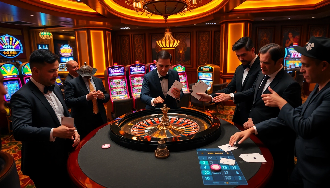 Joueurs engagés à une table de roulette luxueuse, représentant l'excitation et les opportunités de la meilleure casino en ligne.