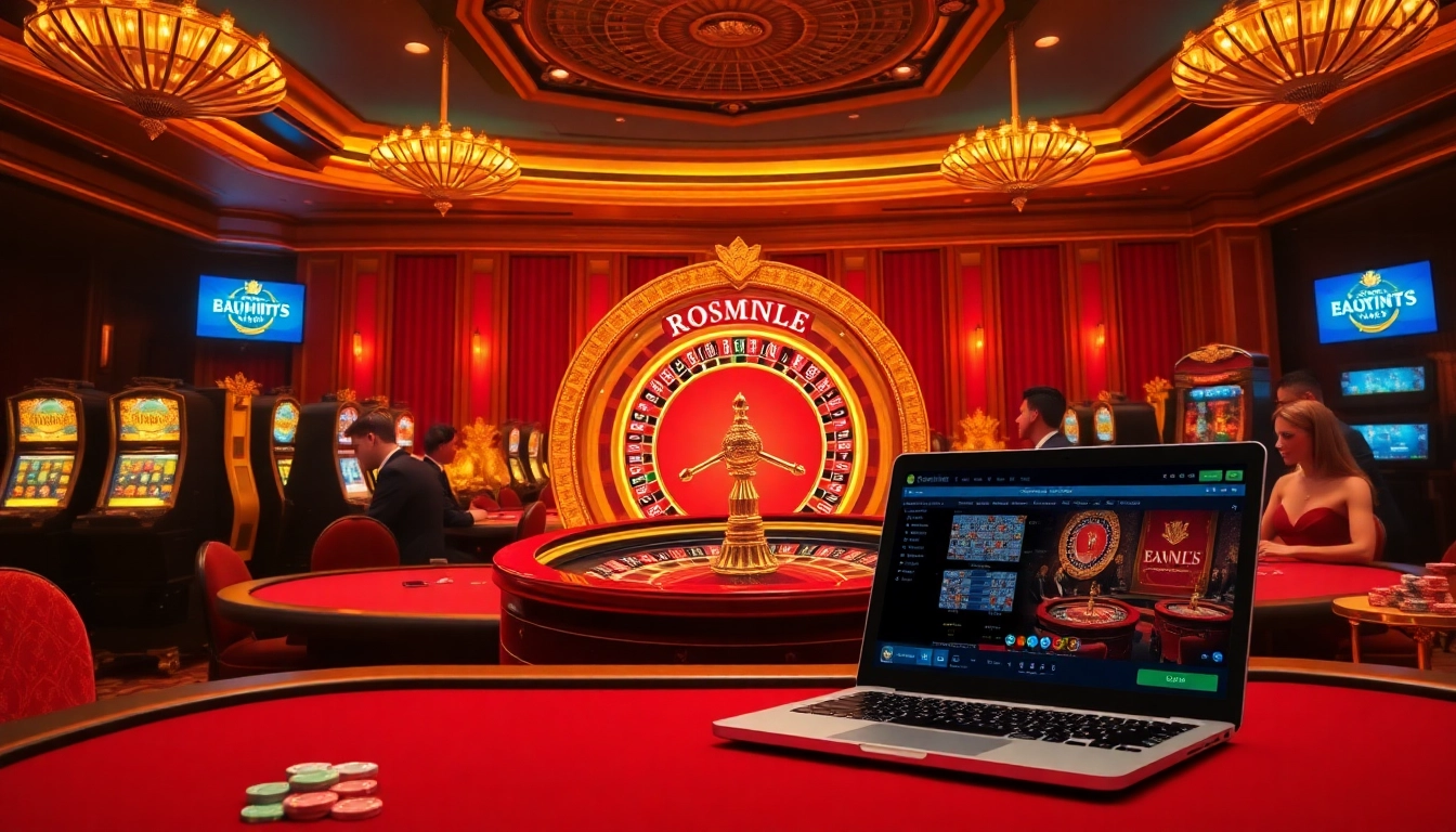 Vivez l'excitation du casino en ligne français à une table de roulette luxueuse entourée de joueurs dynamiques.