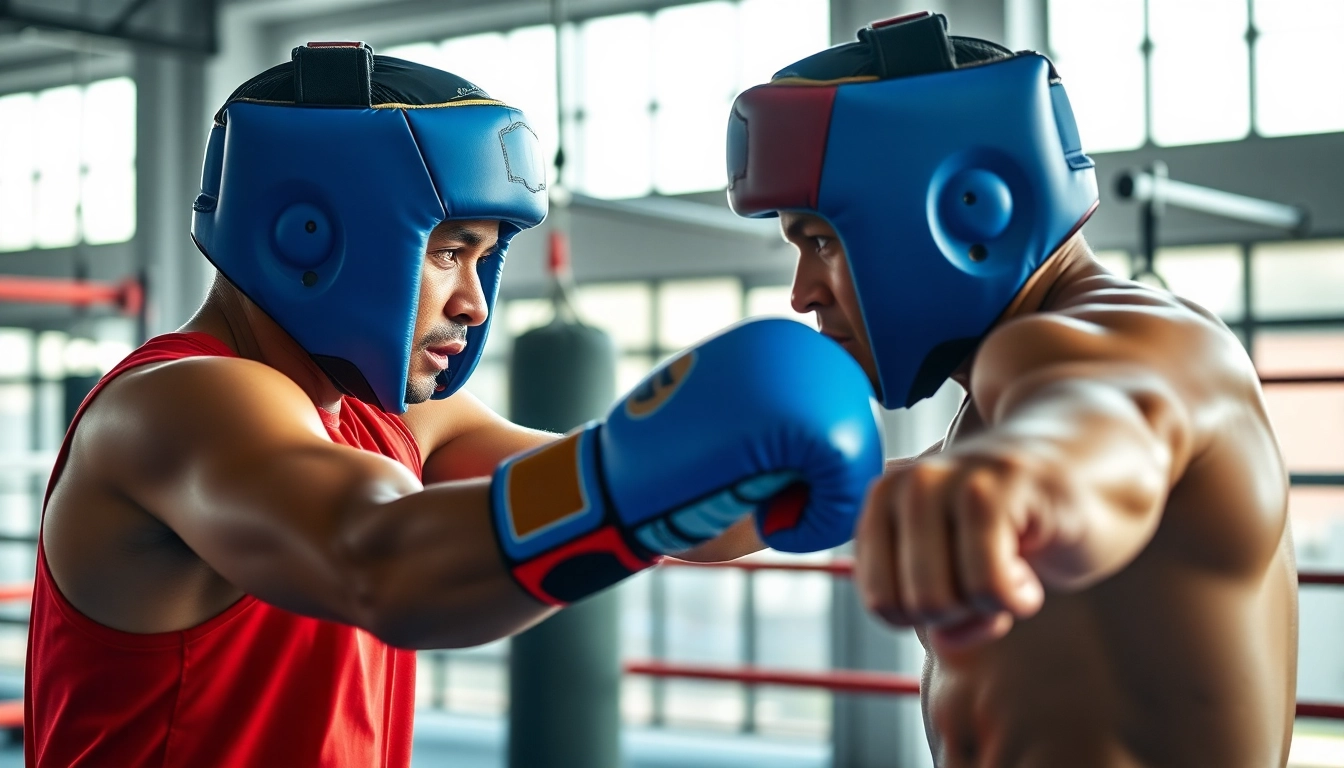 Boxer wearing headgear boxing during intense training in a gym environment.