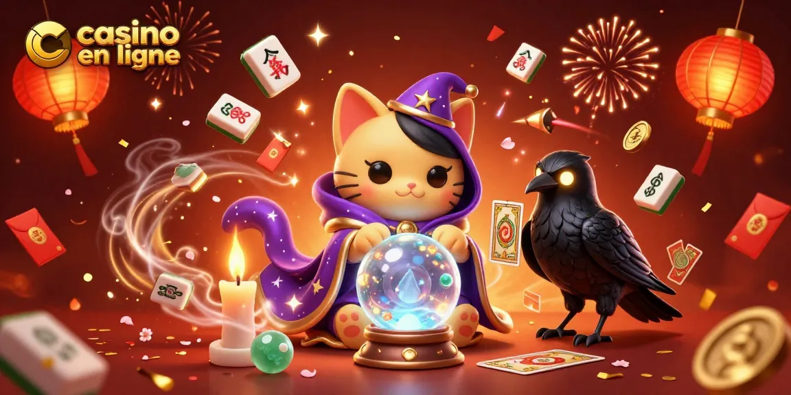 Illustration colorée d'un casino en ligne avec un chat mystique et un corbeau joueur. Émotions et magie au rendez-vous.