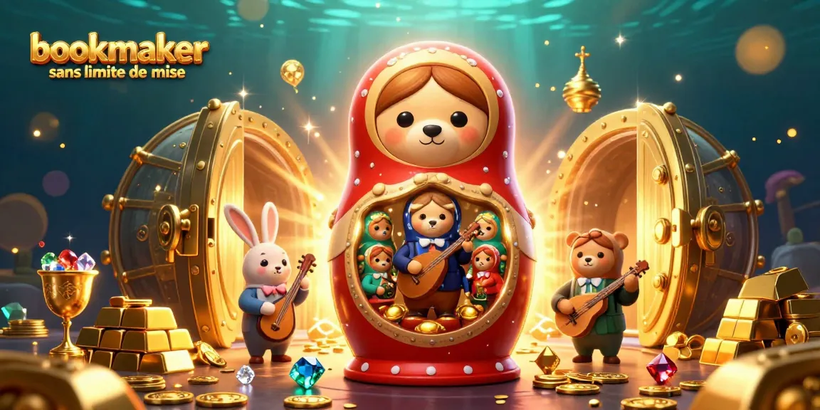 Pariez avec le bookmaker sans limite de mise grâce à cette illustration amusante présentant des ours, des trésors et des éléments de casino.