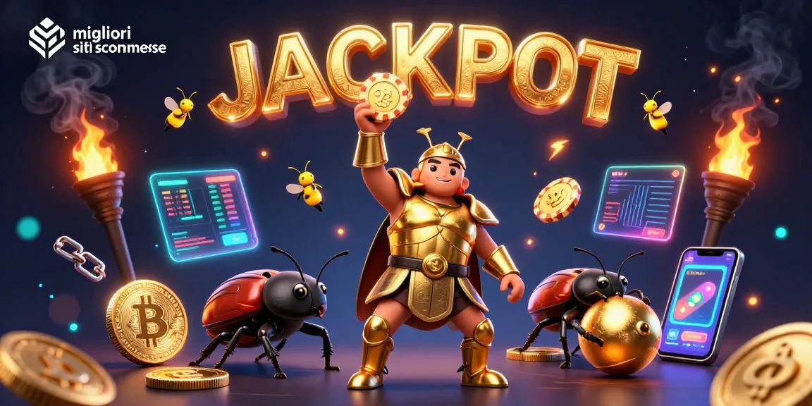 Il herculeo scarabeo scommette nei migliori siti scommesse, circondato da monete criptate e fuochi d'artificio.