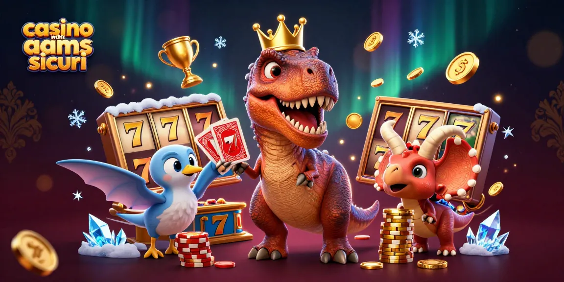Immagine di un T-Rex con corona dorata che gestisce carte in un casino non AAMS sicuri, circondato da elementi di gioco.