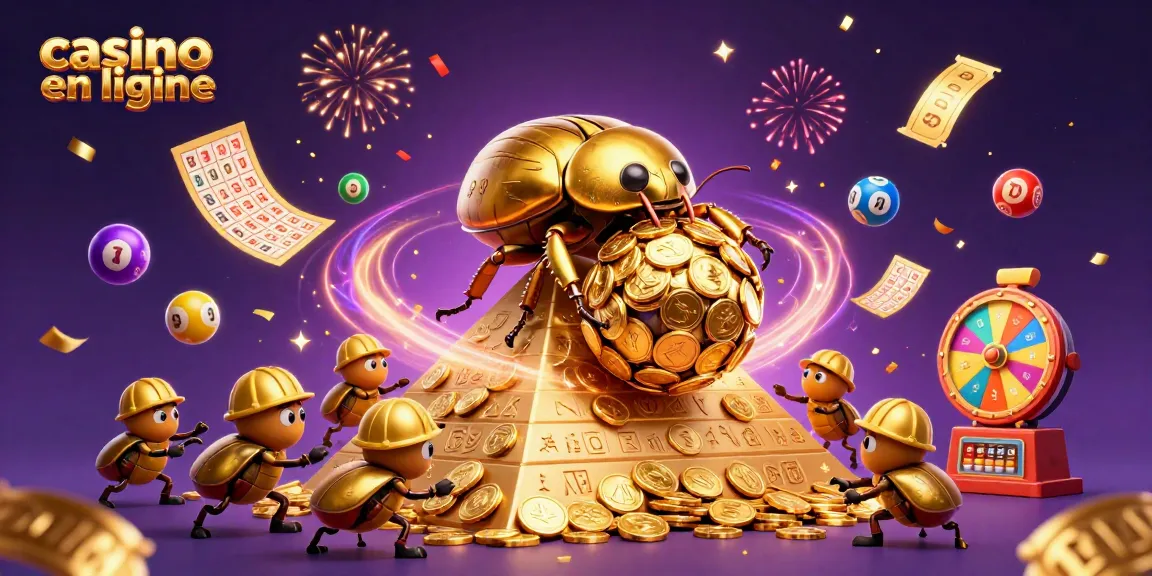 Jouez dans un casino en ligne immersif avec des symboles de jeu et des billets d'or.