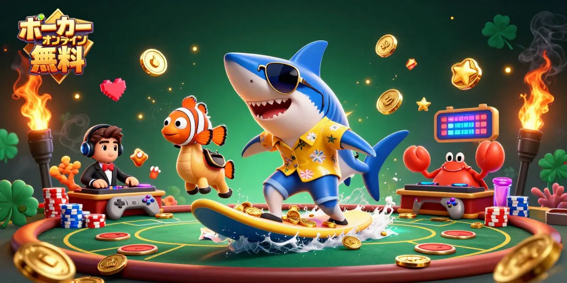 ポーカー オンライン 無料を楽しむために、カラフルなポーカーテーブルやキャラクターが勢ぞろいした楽しいイラスト。