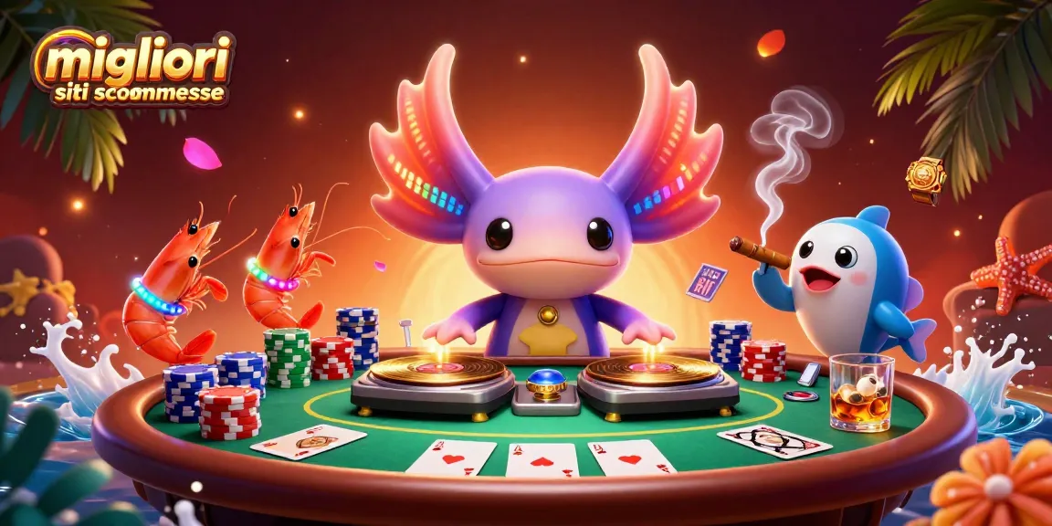 Scommetti ai migliori siti scommesse con un DJ assogolato circondato da gamberetti e pesci, immerso nell'azzardo.