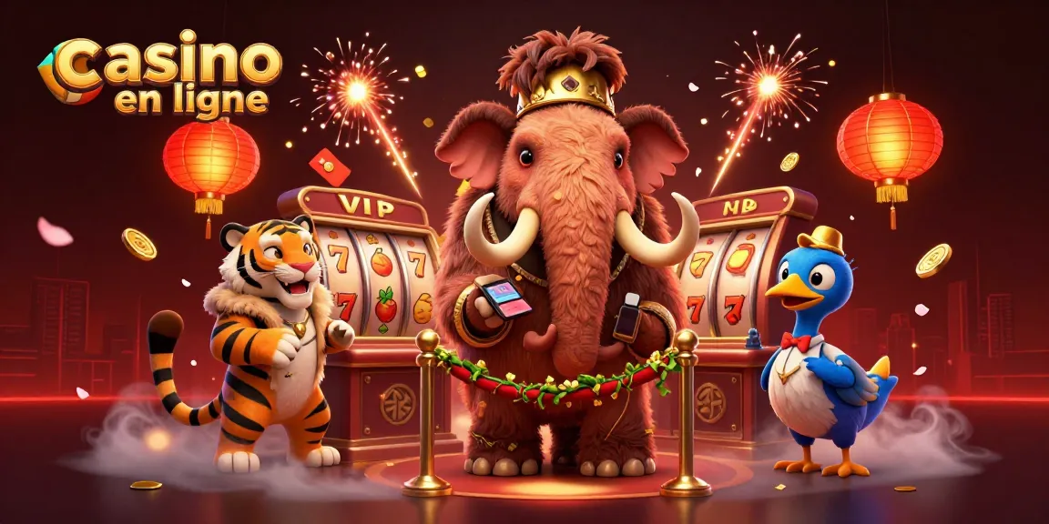 Jouer au casino en ligne avec un bouncer mammouth et un VIP tigre dans une ambiance festive.