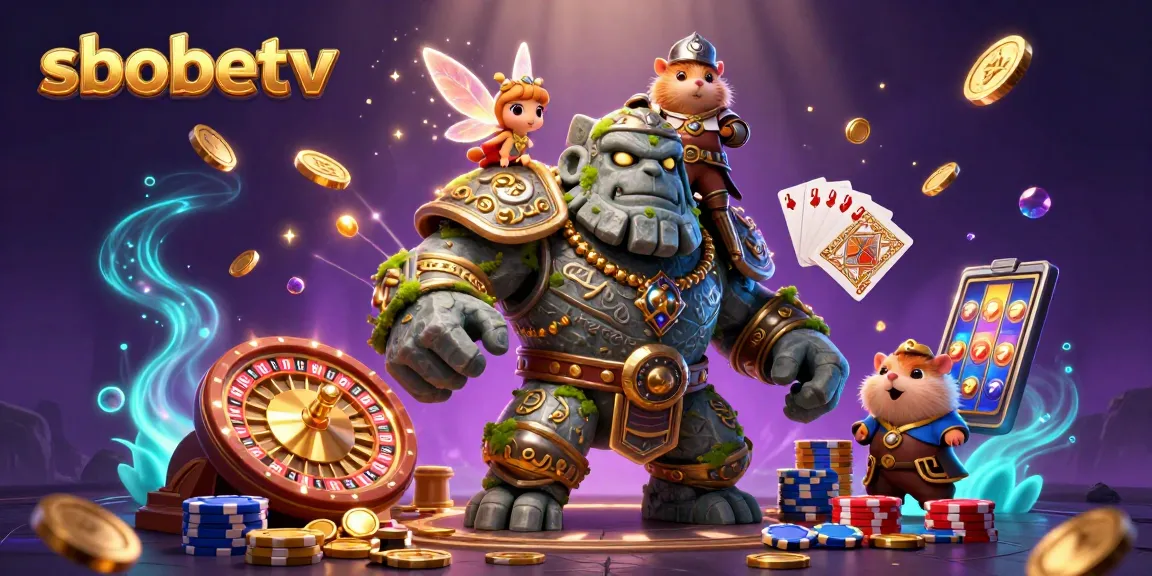 Experience sbobetv magic with a stone golem and fairy amidst dynamic casino elements.
