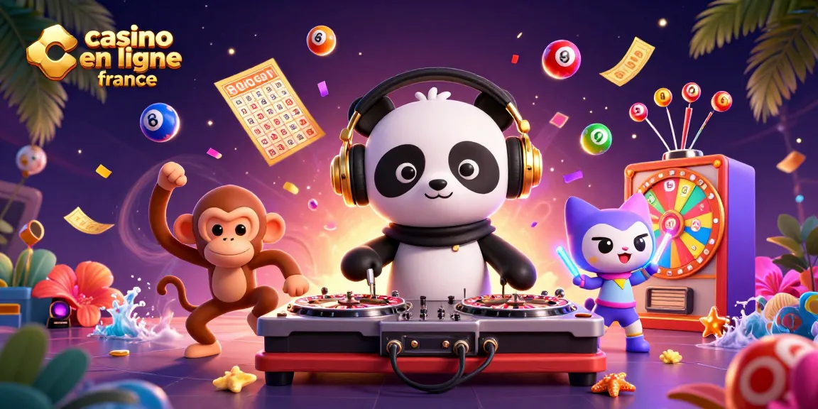 Jeux animés sur casino en ligne France avec DJ panda, singe et chat rave dans un décor vivant.