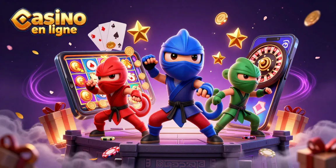 Les ninjas caméléons dans un casino en ligne, lançant des étoiles dorées et entourés de jeux de casino.