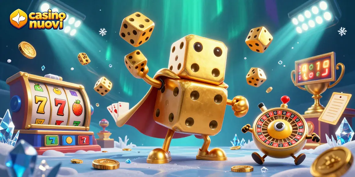 Casinò online nuovi: dettagliata illustrazione 3D con un golem di dadi d'oro, simboli delle slot e molti elementi avvincenti.