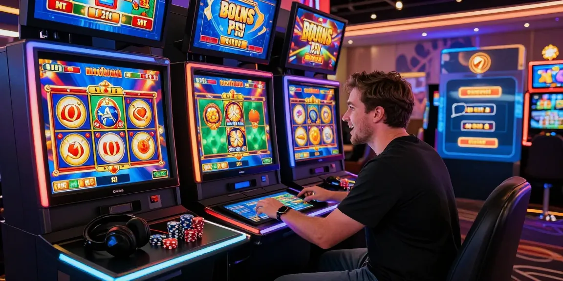 Exciting player at a gaming station enjoying bonus buy slots UK, showcasing vibrant graphics and casino atmosphere.