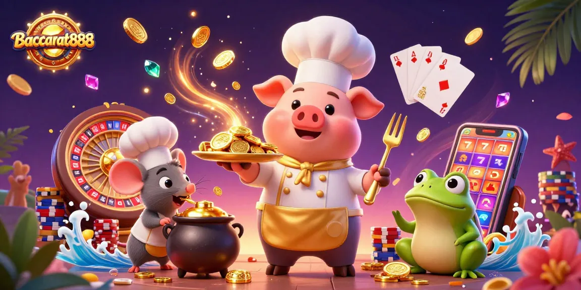 Experience the thrill of Baccarat888 with vibrant casino elements and playful characters in this unique illustration.
