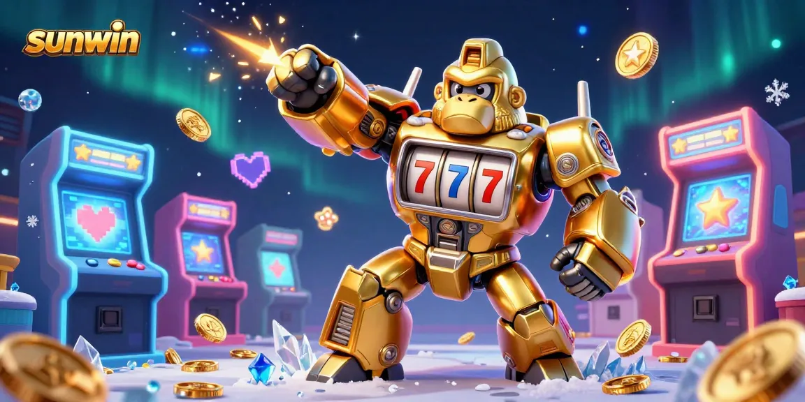 Experience the thrill of sunwin with vibrant arcade elements and a dynamic gorilla mech.