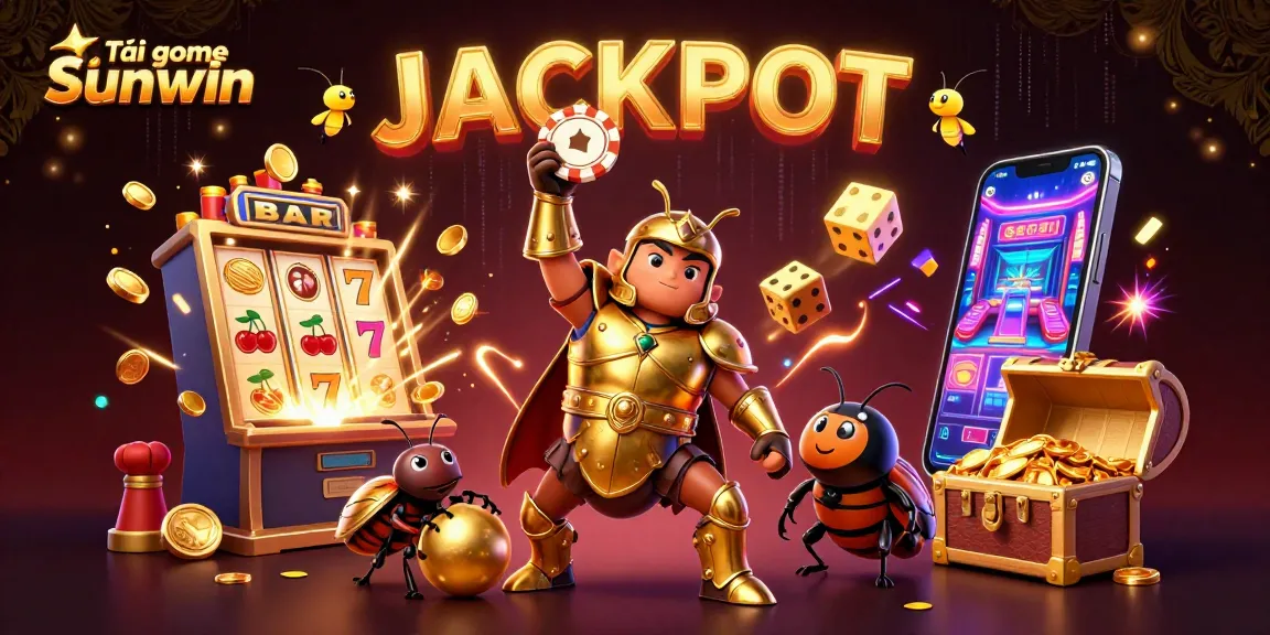 Tải game Sunwin with a victorious beetle in gladiator armor, amidst casino symbols and jackpot excitement.