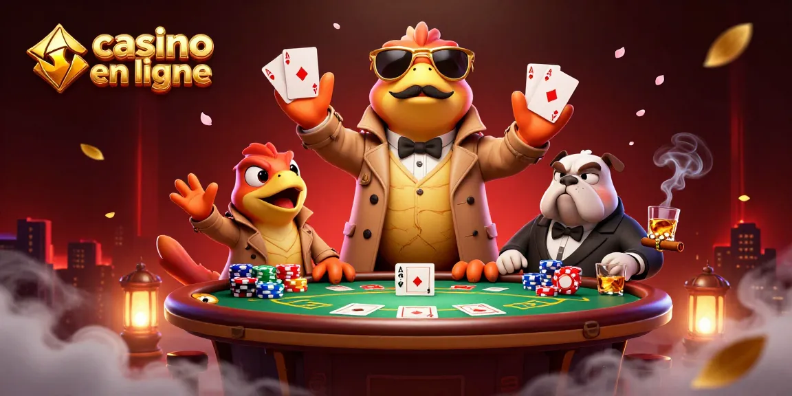 Des raptors déguisés en homme tentent d'entrer dans un casino en ligne, entourés de jetons et cartes de poker.