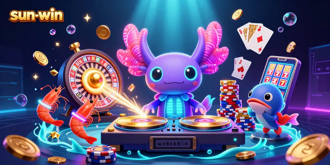 Spin to win with the sun-win casino's vibrant illustration featuring fun characters and exciting games.