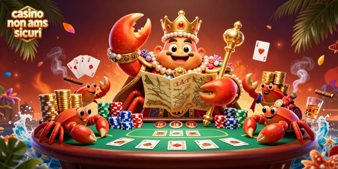 Gioca nei casino non AAMS sicuri con l'imperatore granchio e i suoi servitori, circondati da un tavolo da poker.