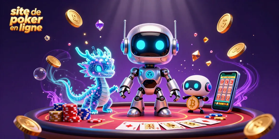 Jouez sur un site de poker en ligne vibrant avec un robot et un dragon holographique entourés de jetons.