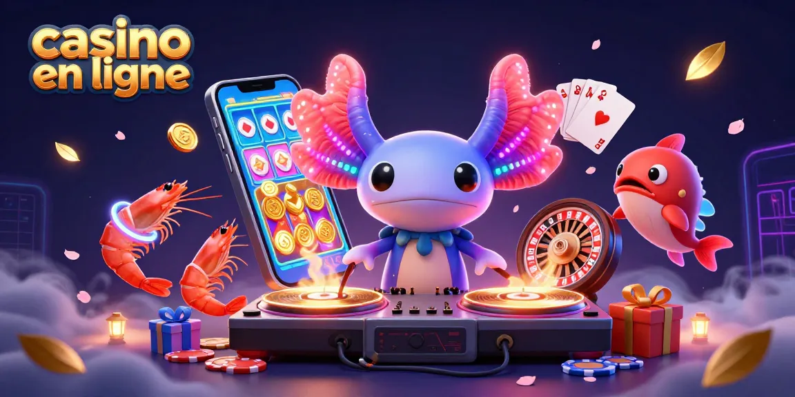 Jouez au casino en ligne avec l'axolotl DJ et des personnages colorés dans une scène dynamique.