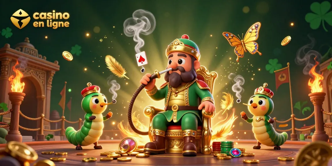 Profitez de jeux de casino en ligne avec un malabar et son trône, accompagné de symboles de poker et d'effets magiques.