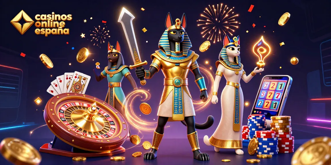 Disfruta de los casinos online España con una ilustración dinámica que muestra un guerrero Anubis y su mascota Bastet rodeados de emoción y premios.