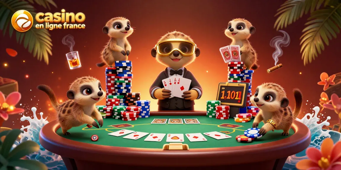 Profitez du casino en ligne France avec des suricates gérant une table de poker animée.
