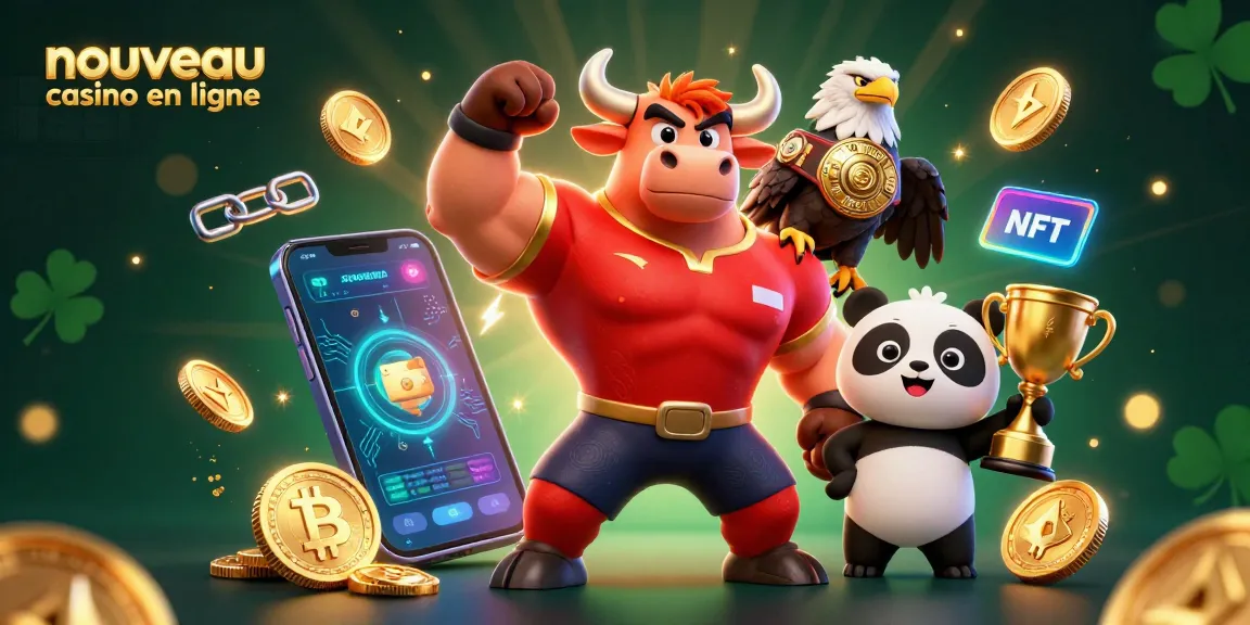 Illustration dynamique de personnage de casino, symboles crypto et marque "nouveau casino en ligne".