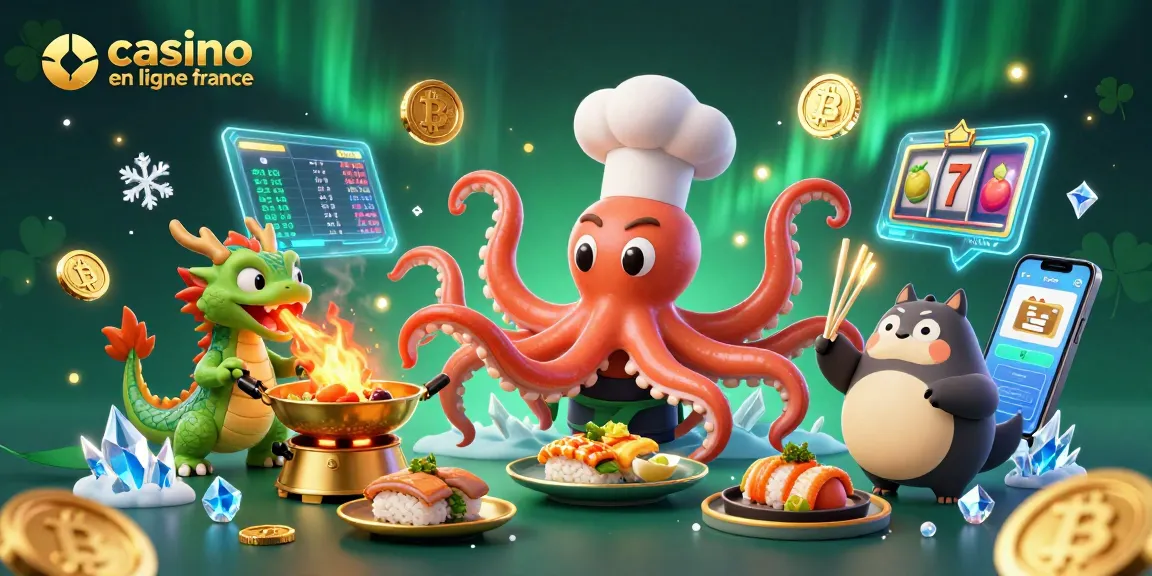 Le chef sushi pieuvre prépare des plats raffinés dans un casino en ligne France, entouré de pièces bitcoin illuminées.
