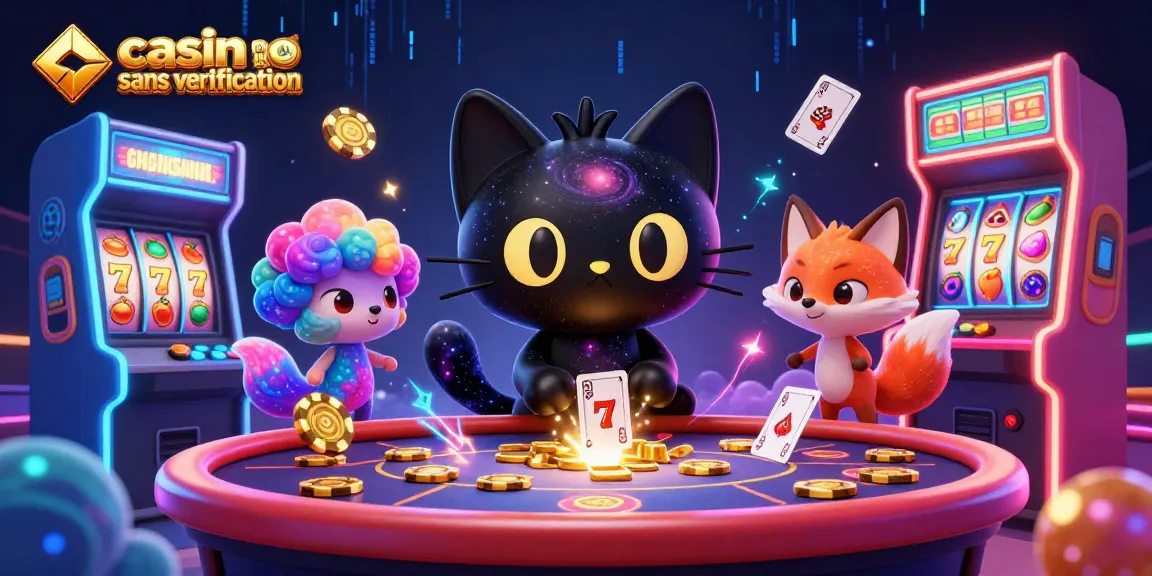 Visualisez un casino en ligne sans vérification, avec un chat noir de trou noir et un renard nébuleux, entourés de jeux colorés.