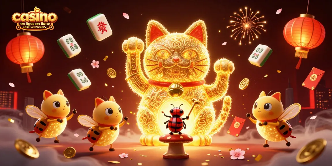 Explorez le casino en ligne sans vérification avec ce chat porte-bonheur animé, jouant sous des lanternes scintillantes.