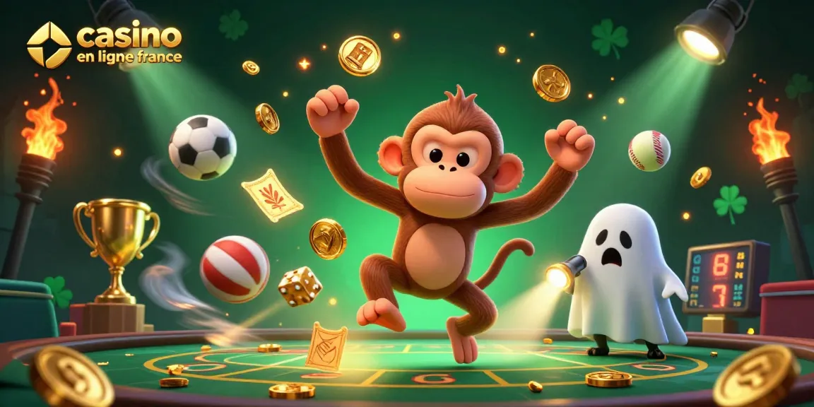 Illustration dynamique de casino en ligne France avec un singe poltergeist et un chiot chasseur de fantômes.