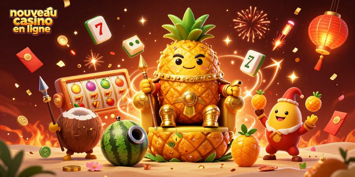 Découvrez le nouveau casino en ligne avec le roi ananas et ses gardes dans une scène festive remplie de symboles chanceux.
