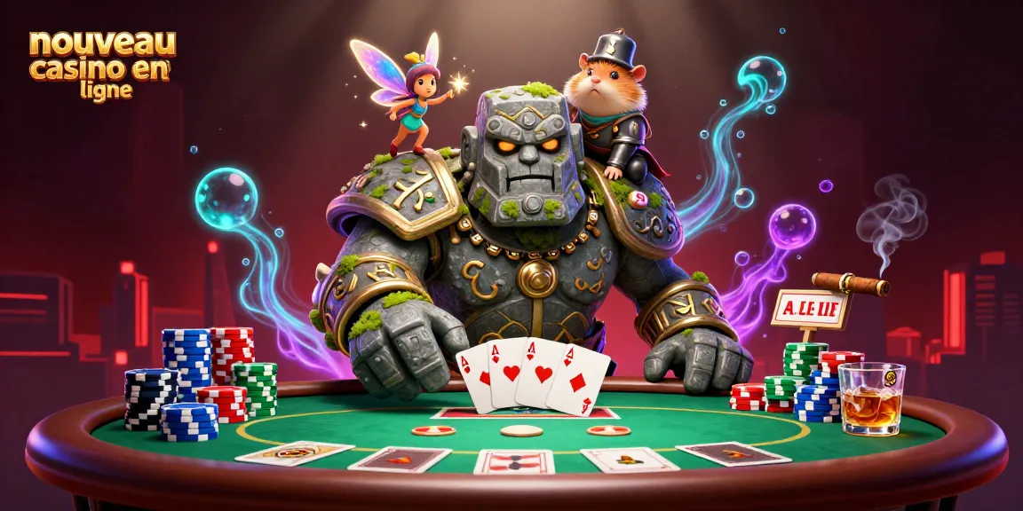 Illustration de personnages de casino animés déclarant nouveau casino en ligne, avec une ambiance magique et des éléments de jeu.
