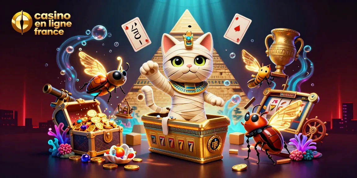 Image dynamique illustrant un casino en ligne France avec un chat momie égyptien au centre, entouré de rouleaux de machines à sous.