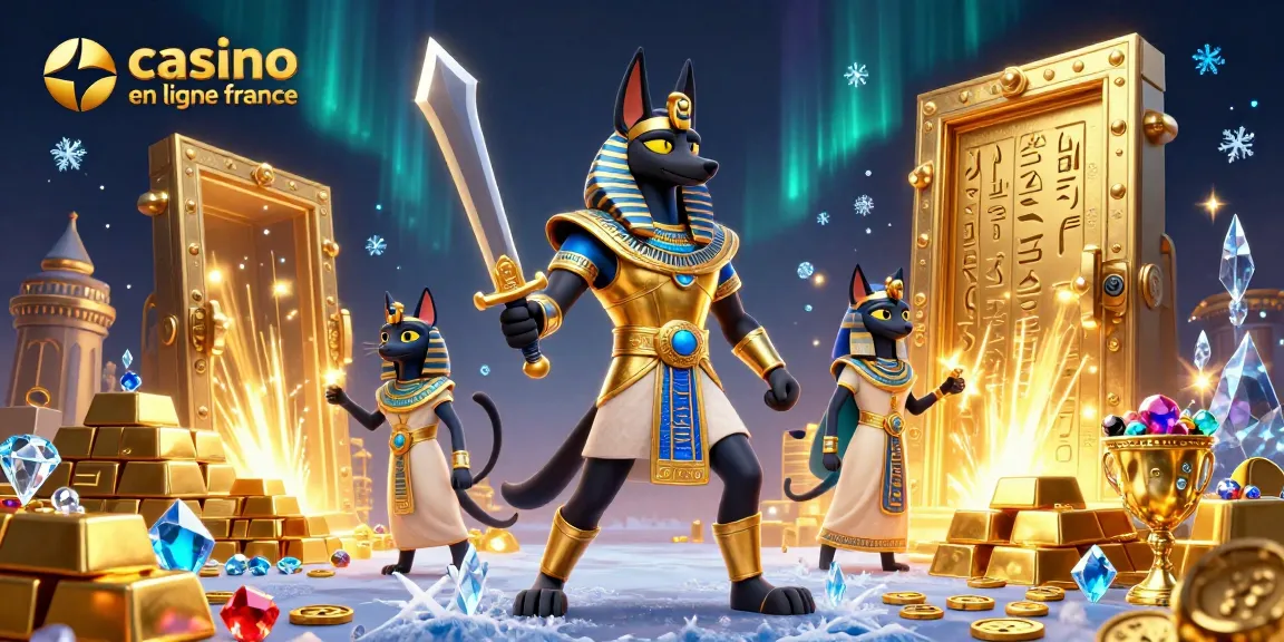 Illustration animée 3D représentant Anubis et Bastet dans un décor de casino en ligne France dynamique.