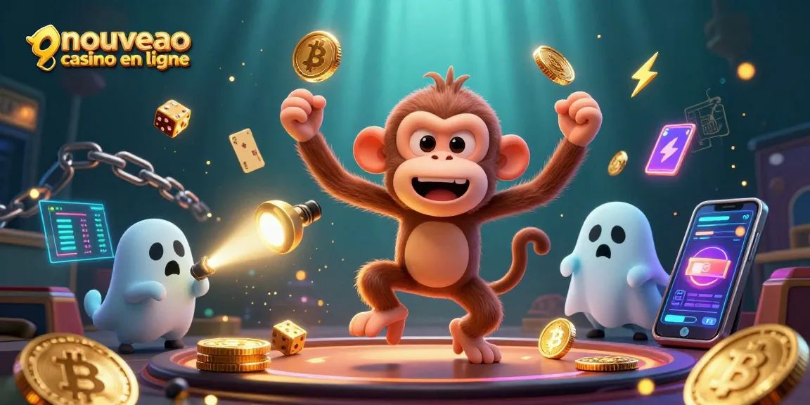 Découvrez le nouveau casino en ligne avec un singe poltergeist et un chiot chasseur de fantômes, entourés de pièces de crypto-monnaie.
