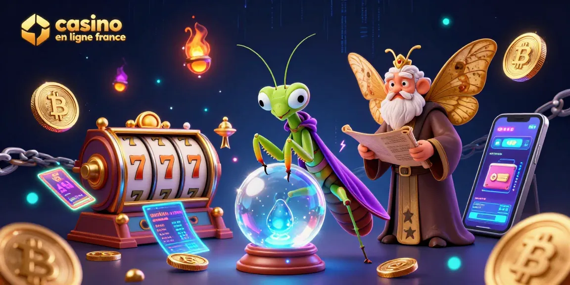 Illustration dynamique d'un casino en ligne France avec des personnages mystiques et des éléments cryptographiques.