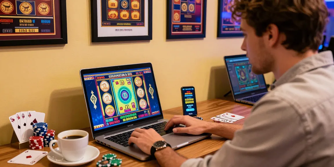 Explore exciting credit card casinos UK with a player engaging in online gaming, surrounded by vibrant casino elements.