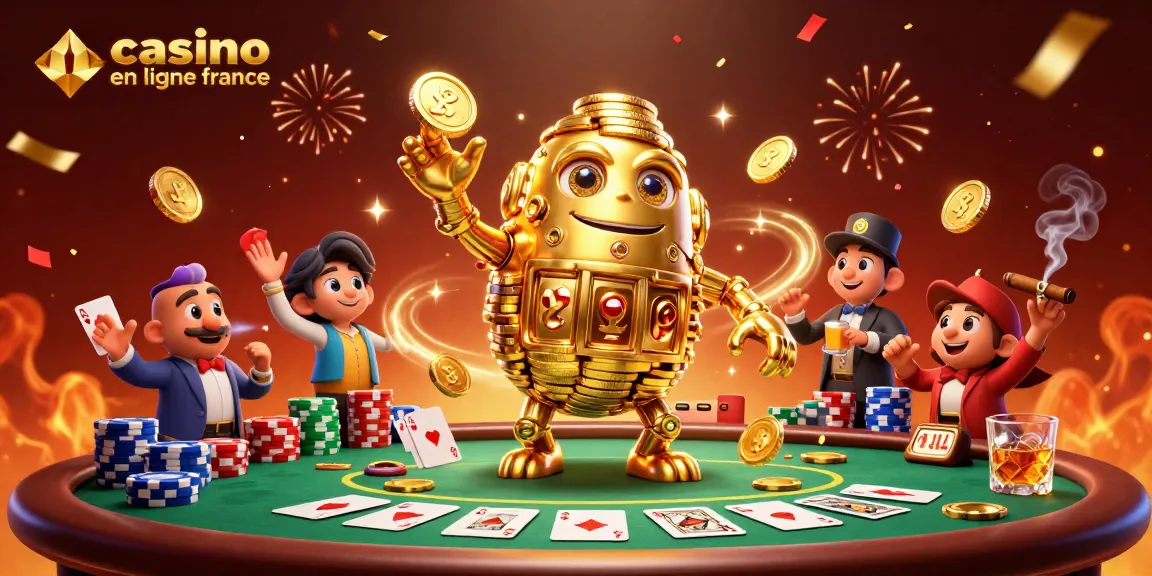 Illustration dynamique de casino en ligne France avec un golem en or et des jetons de poker.
