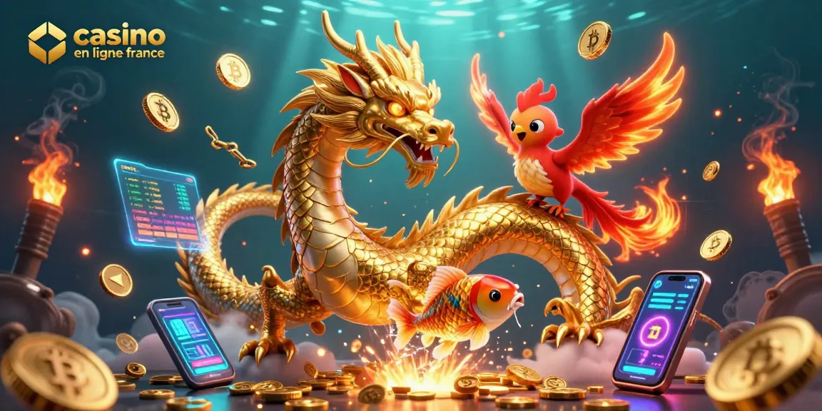 Plongez dans l'univers du casino en ligne France avec un dragon chinois, un phénix et une carpe chanceuse, entourés de pièces crypto.