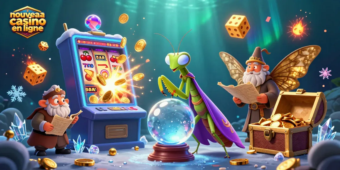 Illustration animée d'un nouveau casino en ligne avec une mante religieuse et un papillon, entourés de machines à sous.