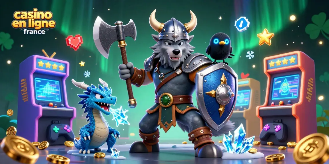 Illustration dynamique de casino en ligne France avec un guerrier loup viking, un dragon et un corbeau.