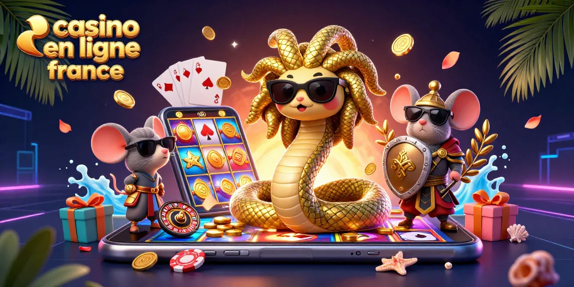 Jouez sur le casino en ligne en France avec Medusa et un guerrier dans un décor coloré et ludique.