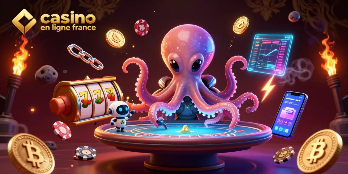 Le casino en ligne France avec un poulpe alien jouant au poker, des jetons et des lumières brillantes.