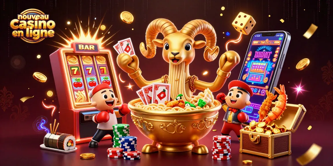 Découvrez un nouveau casino en ligne avec un bol de ramen aux bras de nouilles distribuant des cartes et des jetons.