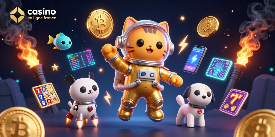 Gagnez avec l'excitation de casino en ligne France, rouleaux de machines à sous, pièces Bitcoin et un chat astronaute